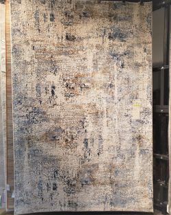 Modern Ivory & Blue Abstract Machine-Made Rug